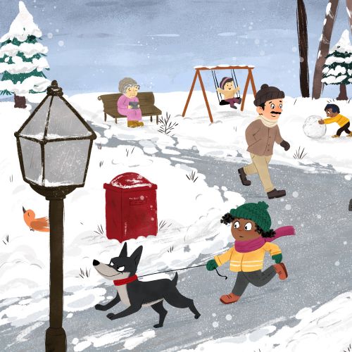 Children playing in snow and people walking in a snowy park