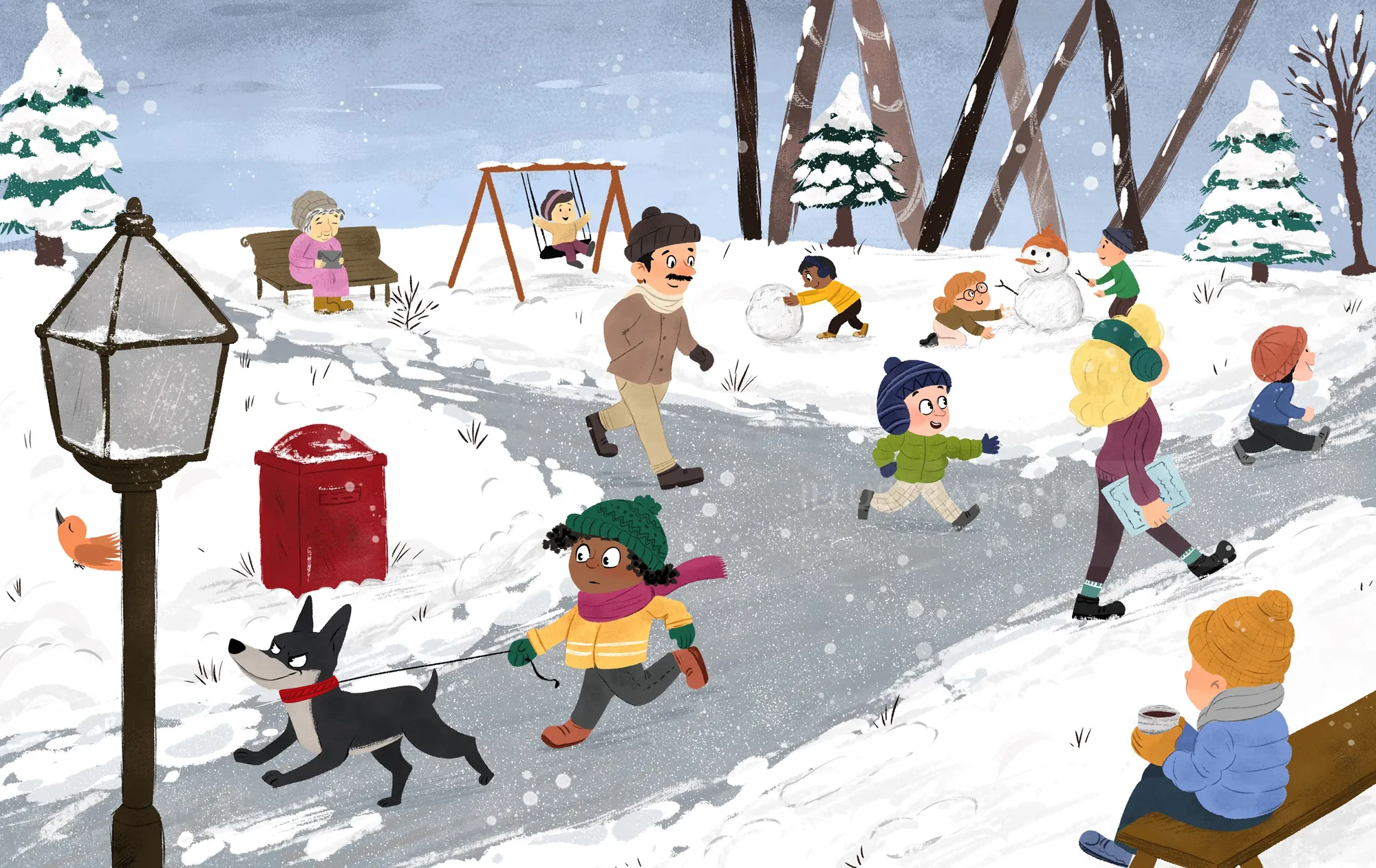 Children playing in snow and people walking in a snowy park