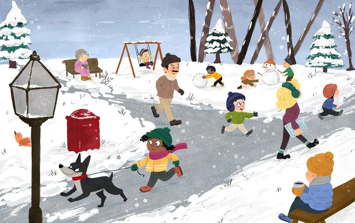 Children playing in snow and people walking in a snowy park