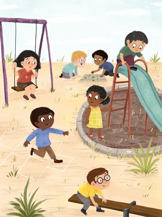 Children playing on slide, swings, and sandbox in a playground
