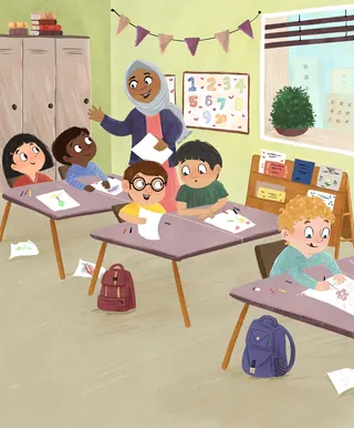 Children drawing at desks in classroom with teacher and decorations