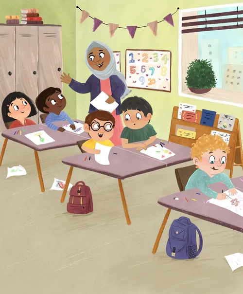 Children drawing at desks in classroom with teacher and decorations
