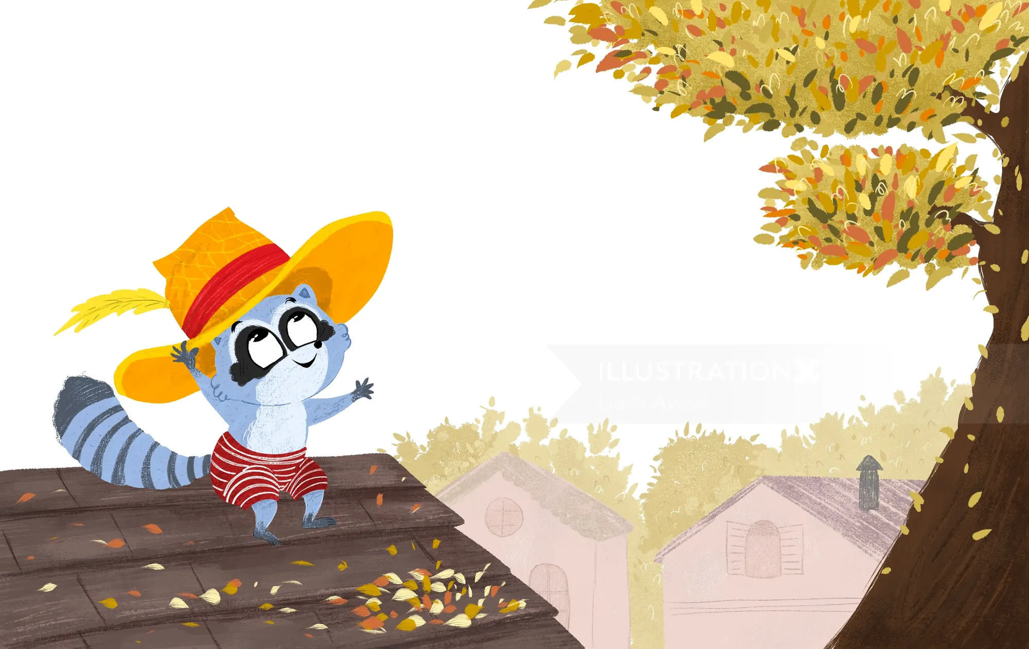 Cartoon raccoon in hat and glasses sitting on rooftop by tree