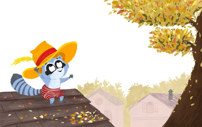 Cartoon raccoon in hat and glasses sitting on rooftop by tree