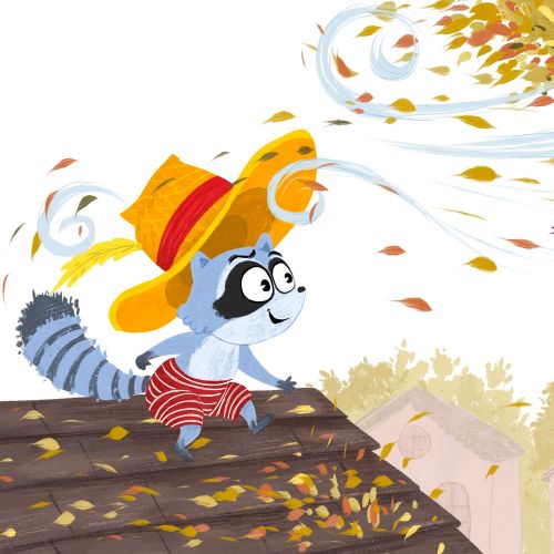 Cartoon raccoon on roof watching leaves blowing from tree on windy day