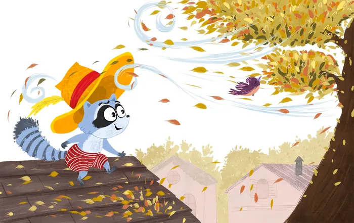 Cartoon raccoon on roof watching leaves blowing from tree on windy day