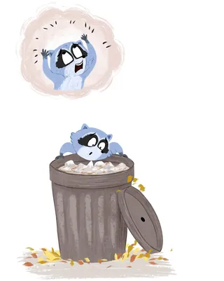 Raccoon inside trash can with surprised raccoon thought bubble above