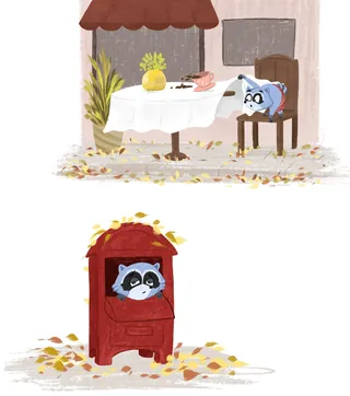 Raccoon sitting on chair and raccoon in mailbox with autumn leaves.