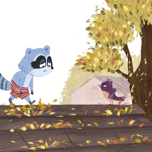 Raccoon in shorts observing purple bird under yellow-leaved tree in fall