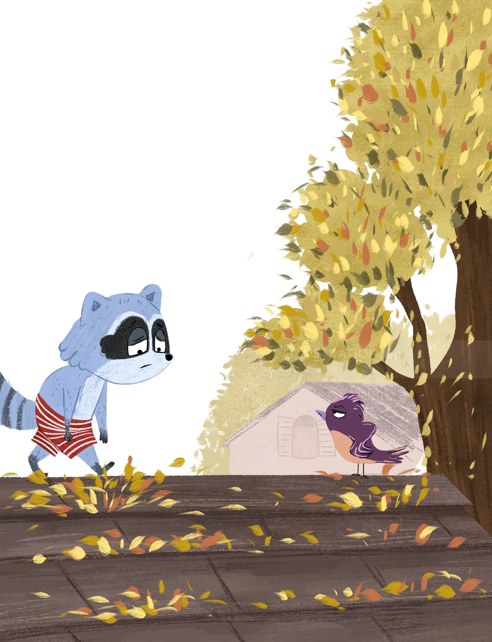 Raccoon in shorts observing purple bird under yellow-leaved tree in fall