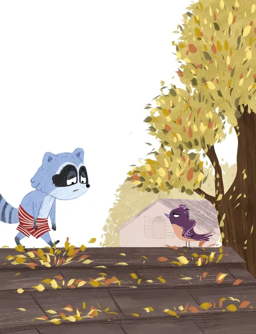 Mapache en pantalones cortos observando un pájaro morado bajo un árbol de hojas amarillas en otoño