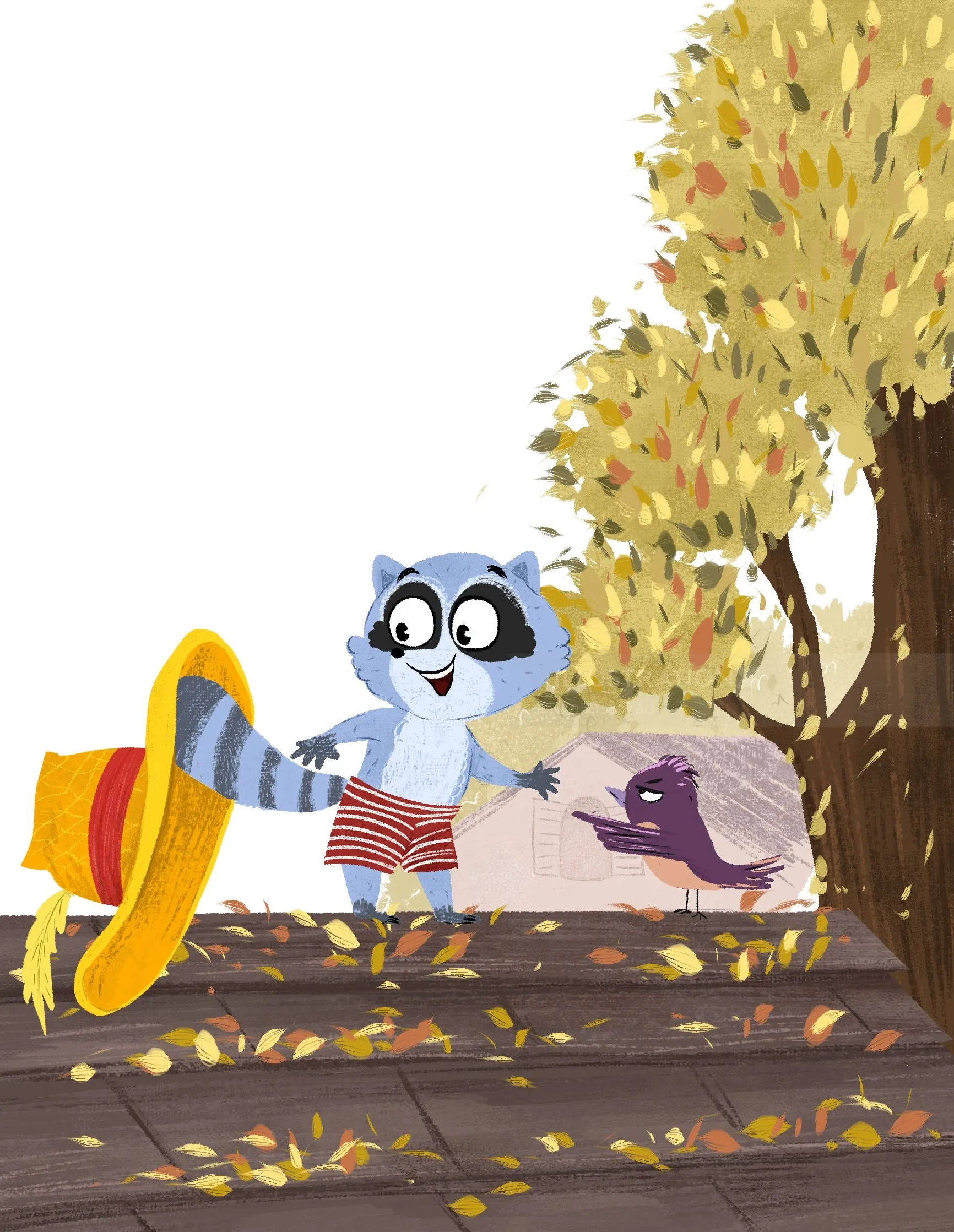 Mapache de dibujos animados sosteniendo un sombrero amarillo cerca de una pajarera con un pájaro morado junto a un árbol.