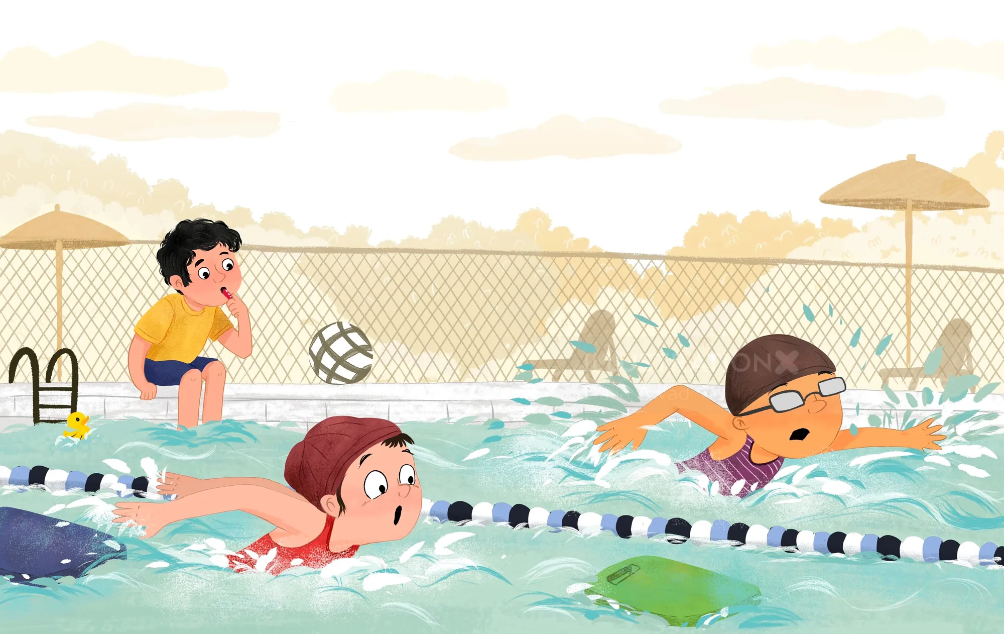 Niños nadando y jugando en una piscina con una pelota de voleibol por Dalia Awad