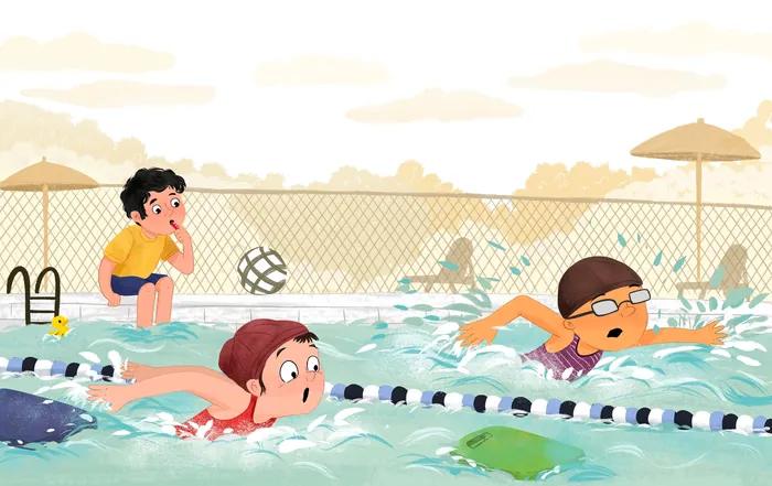 Children swimming and playing in a pool with volleyball by Dalia Awad