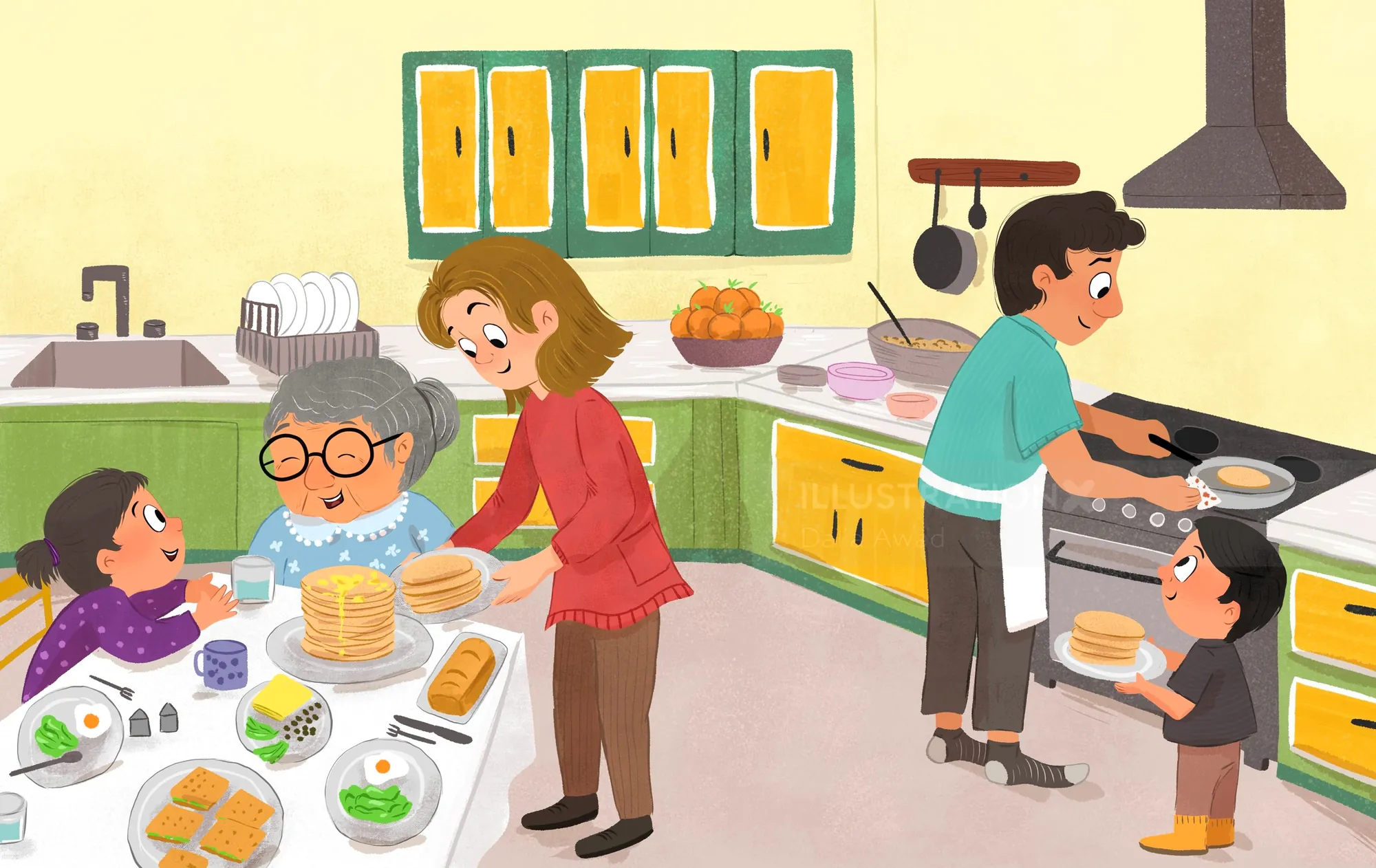 La familia prepara el desayuno junta en la cocina por Dalia Awad