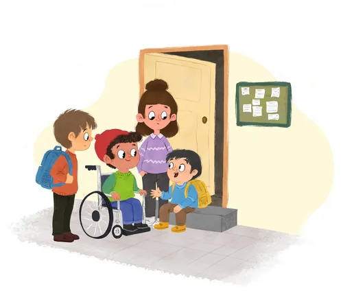 Children talking near door with wheelchair user illustration by Dalia Awad