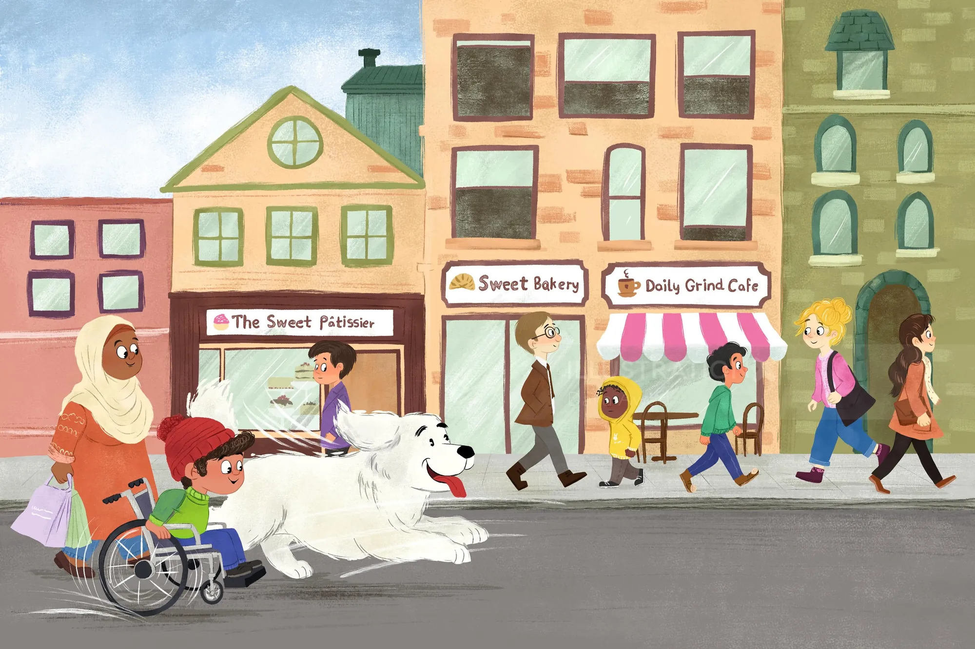 City street scene with people and a dog running by cafes by Dalia Awad