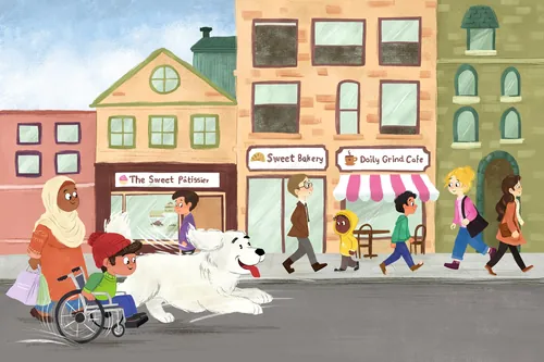 Escena callejera de la ciudad con gente y un perro corriendo junto a cafés por Dalia Awad