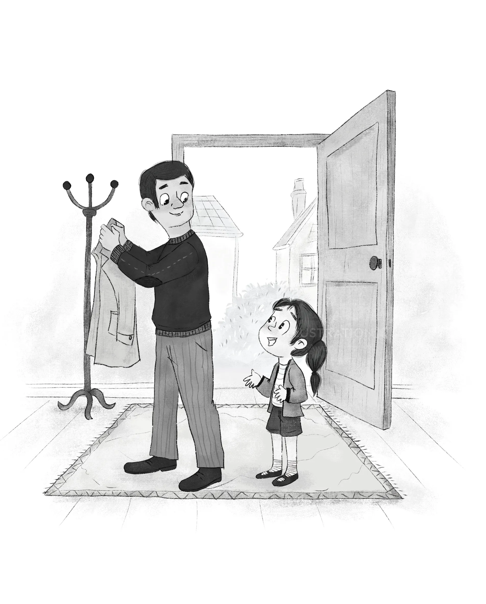 A father hangs a coat while his daughter looks up smiling, artwork by Dalia Awad