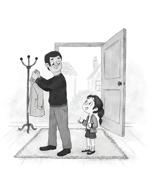 A father hangs a coat while his daughter looks up smiling, artwork by Dalia Awad