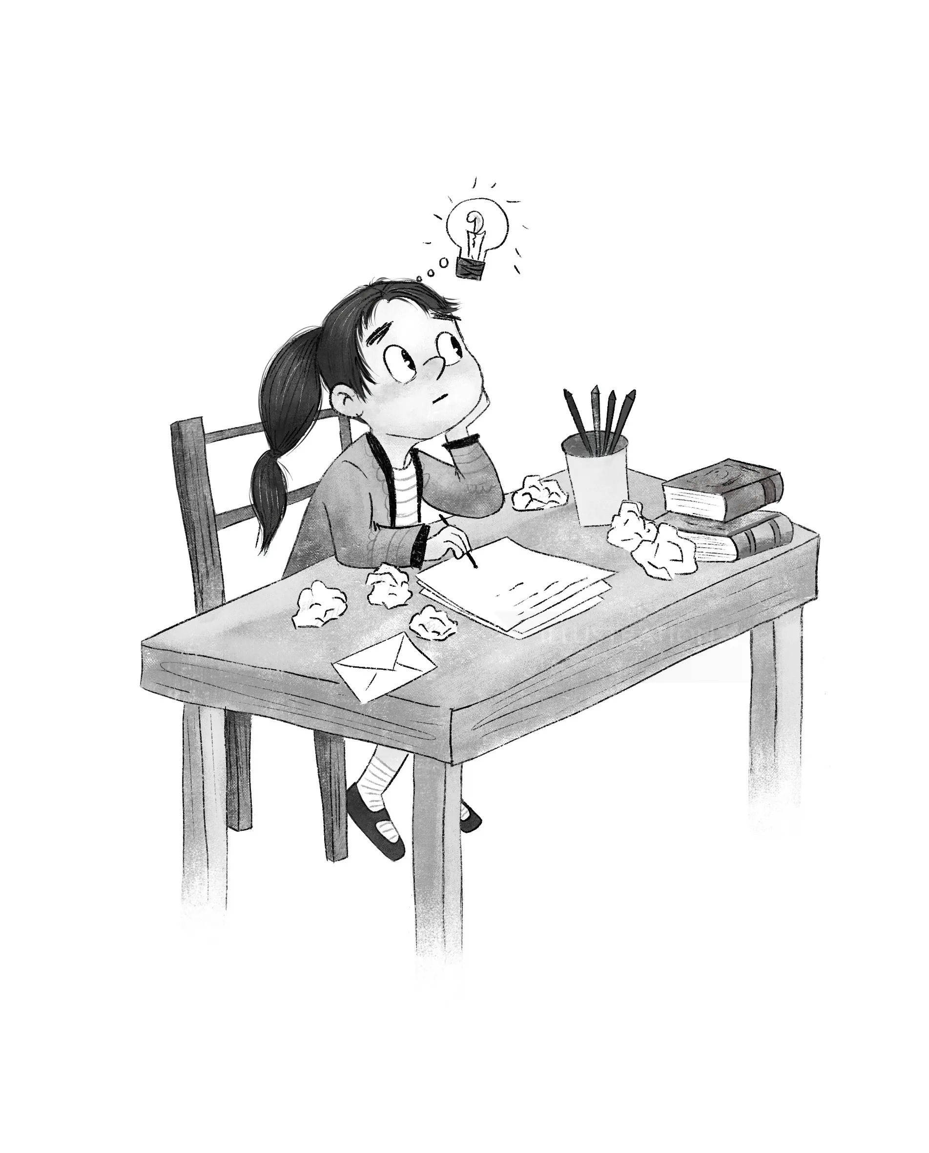 女孩坐在书桌前思考，头顶上方亮着灯泡（作者：Dalia Awad）