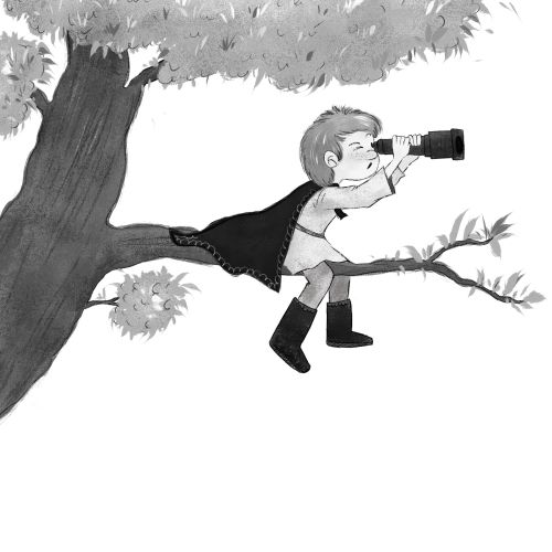 Child on tree branch using binoculars wearing cape and boots by Dalia Awad