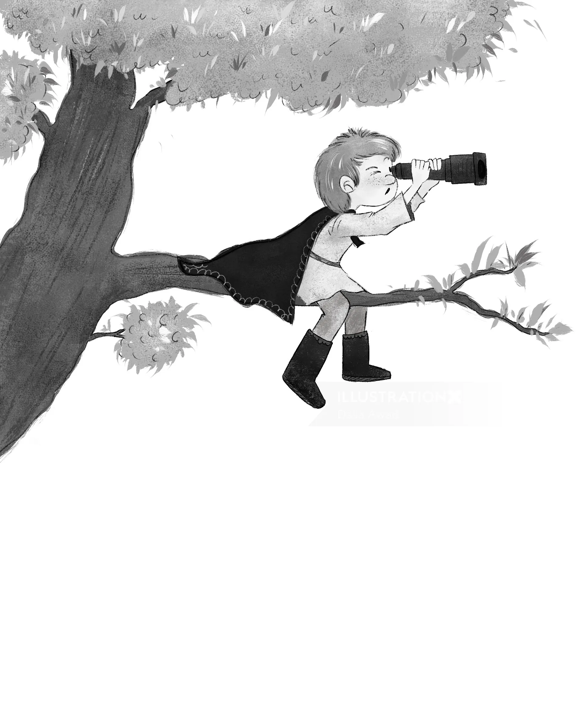 Child on tree branch using binoculars wearing cape and boots by Dalia Awad