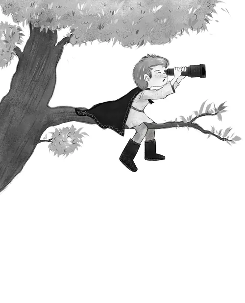 Child on tree branch using binoculars wearing cape and boots by Dalia Awad