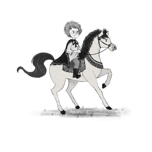 Child riding horse black and white illustration by Dalia Awad