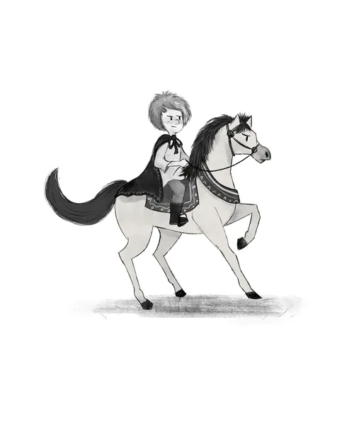 Child riding horse black and white illustration by Dalia Awad