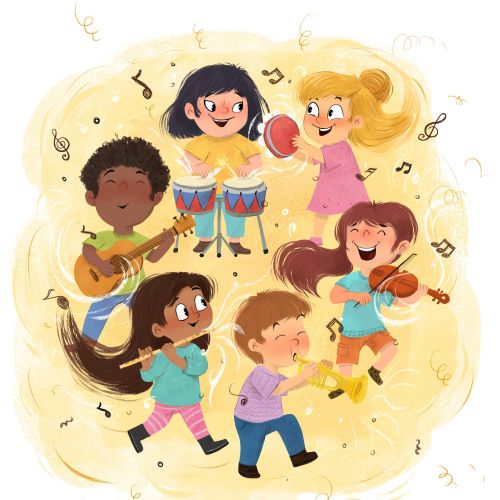 Children playing music with guitar, violin, drums, and tambourine by Dalia Awad
