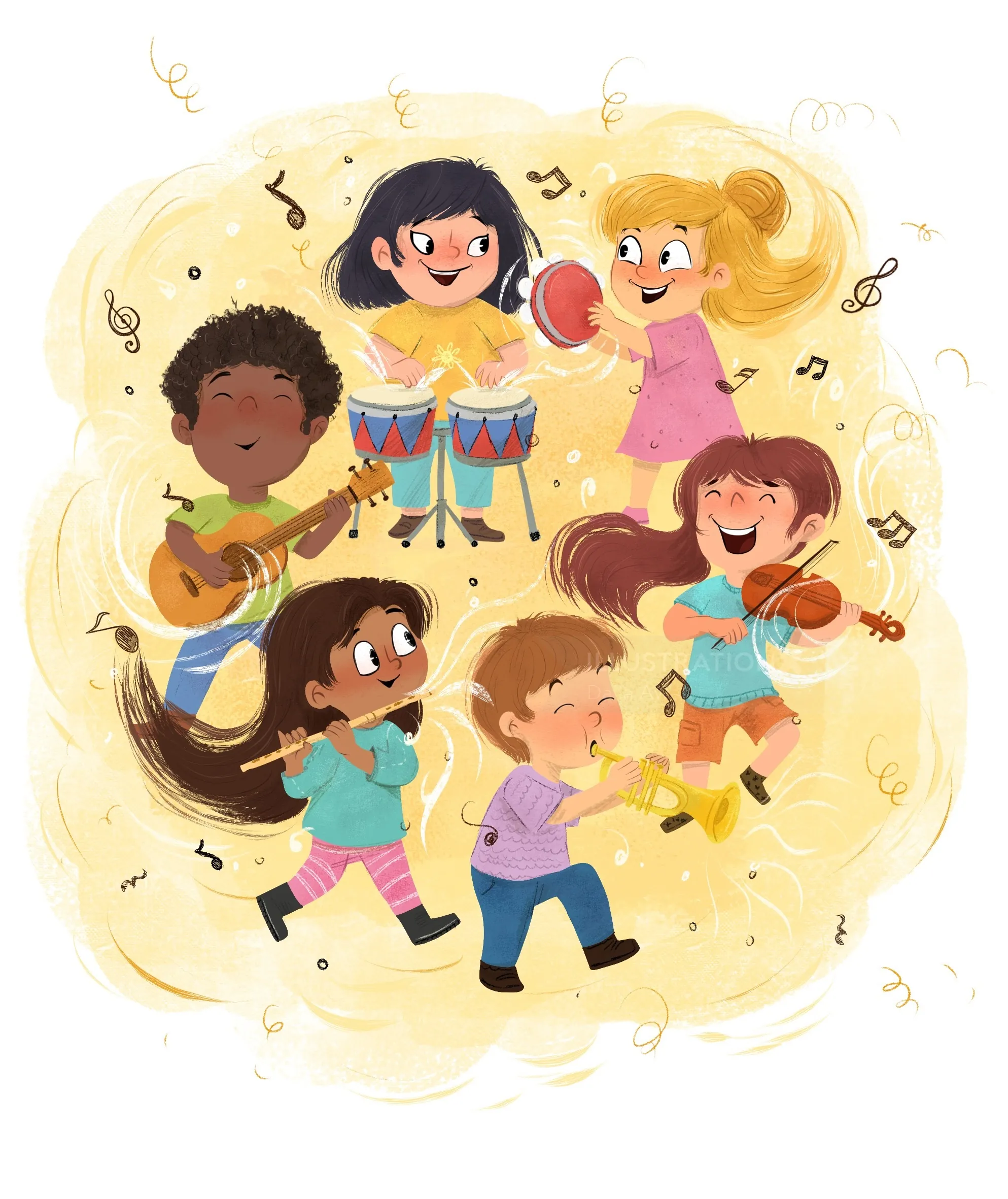 Children playing music with guitar, violin, drums, and tambourine by Dalia Awad