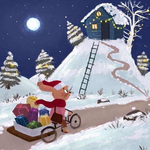 Winter night scene with character pulling sled full of gifts artist Dalia Awad