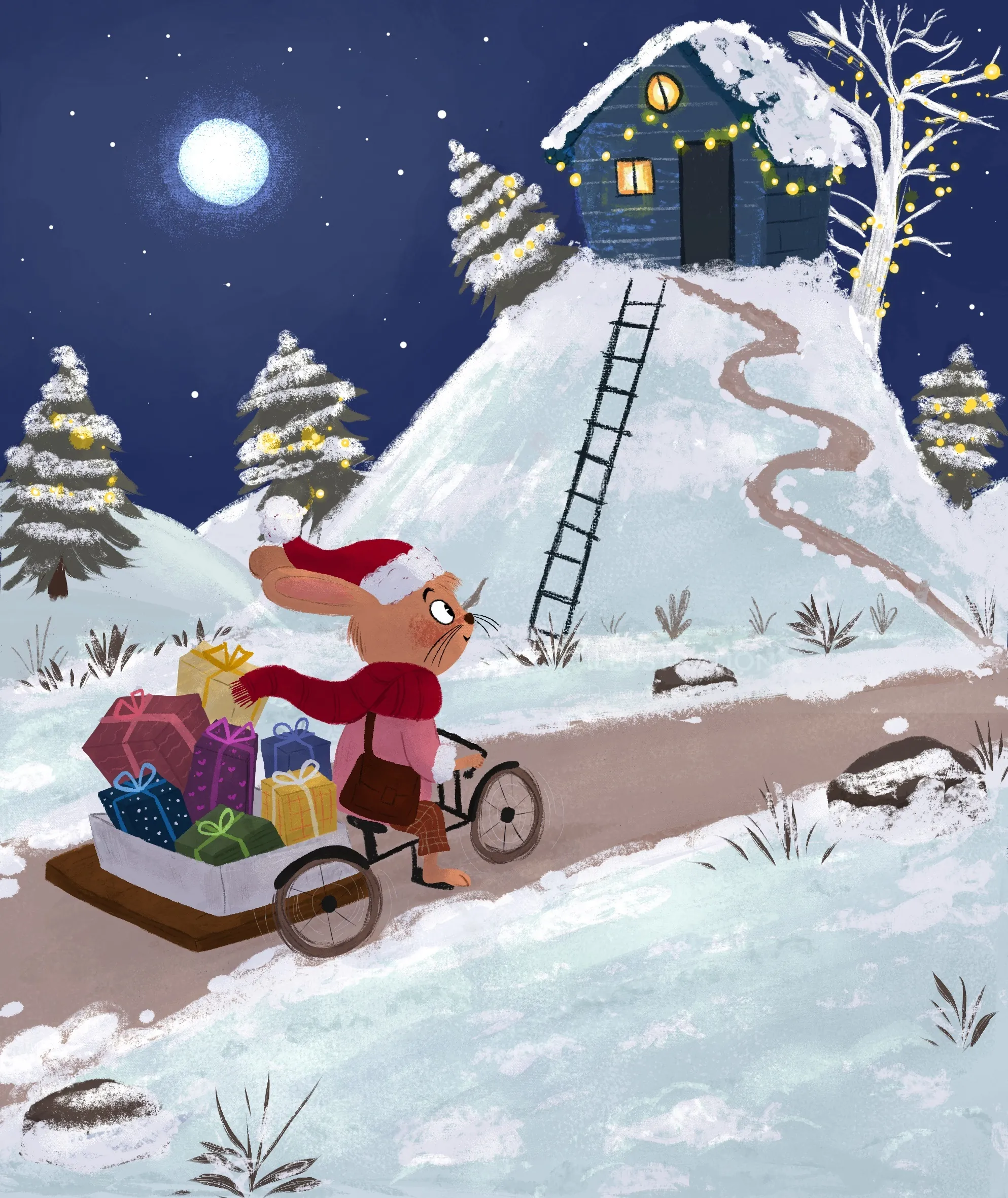Escena nocturna de invierno con un personaje tirando de un trineo lleno de regalos. Artista: Dalia Awad