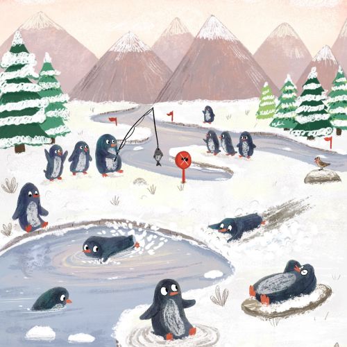 Penguins fishing and sliding on ice in snowy mountain landscape by Dalia Awad