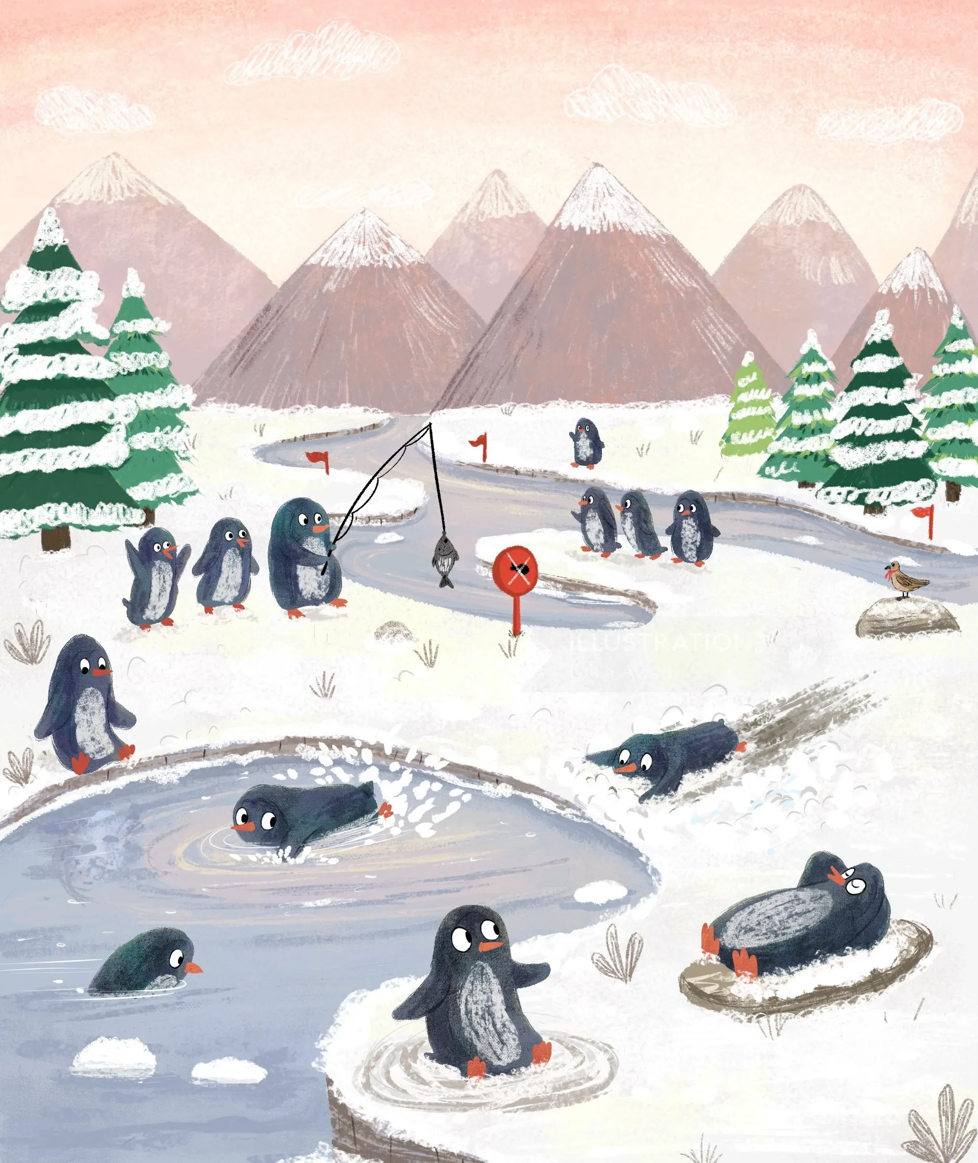 Penguins fishing and sliding on ice in snowy mountain landscape by Dalia Awad