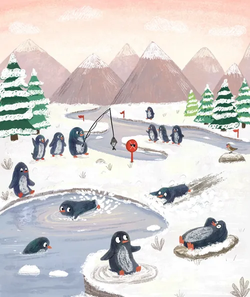 Pingüinos pescando y deslizándose sobre el hielo en un paisaje montañoso nevado por Dalia Awad