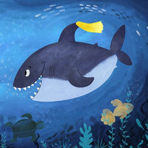 Smiling shark underwater with fish and divers by Dalia Awad