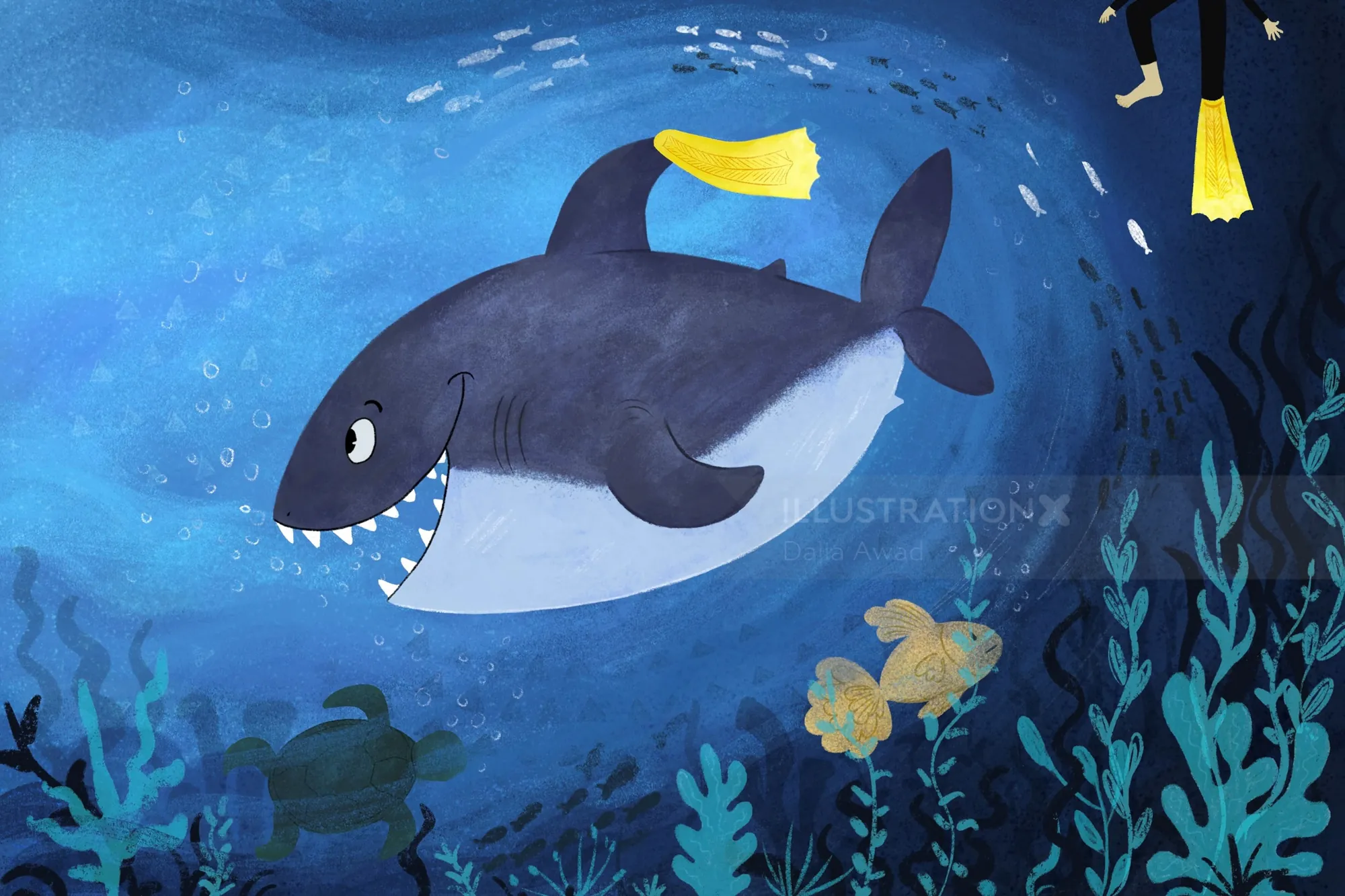 Smiling shark underwater with fish and divers by Dalia Awad
