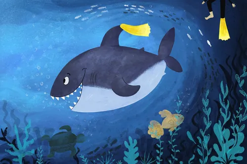Tiburón sonriente bajo el agua con peces y buceadores por Dalia Awad
