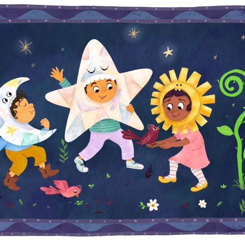 Children dressed as moon, star, and sun playing under a night sky by Dalia Awad