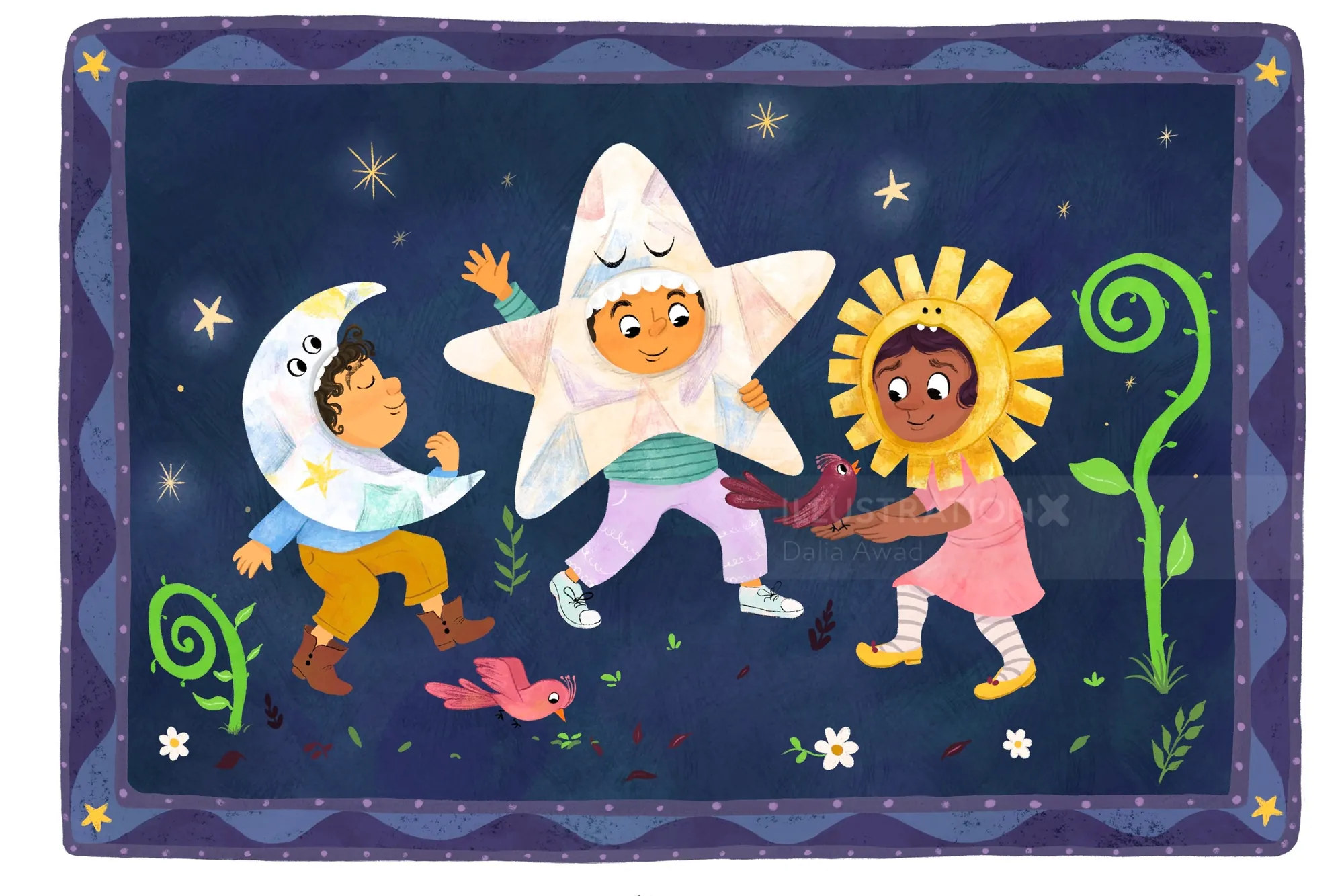 孩子们装扮成月亮、星星和太阳，在夜空下玩耍（作者：Dalia Awad）