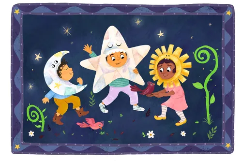 Niños disfrazados de luna, estrella y sol jugando bajo un cielo nocturno por Dalia Awad