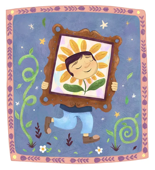 Niño sosteniendo un retrato de girasol enmarcado con los ojos cerrados por Dalia Awad