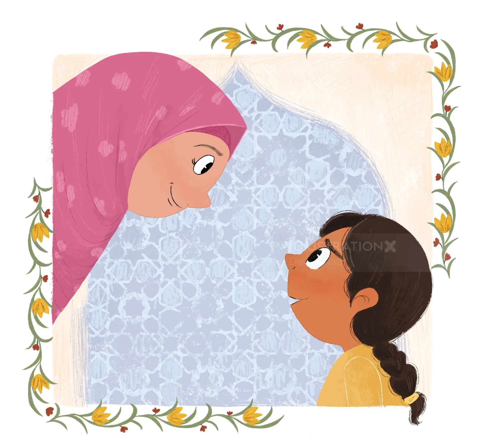 Digital illustration of mother in pink hijab and daughter looking at each other, by Dalia Awad