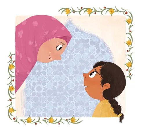 Digital illustration of mother in pink hijab and daughter looking at each other, by Dalia Awad