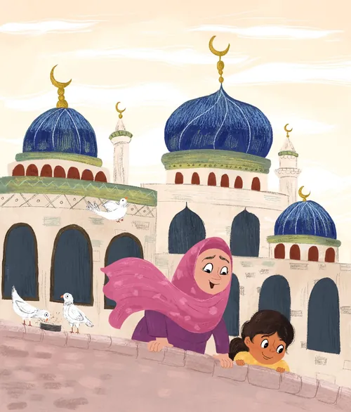 Illustration of children near mosque with blue domes by Dalia Awad