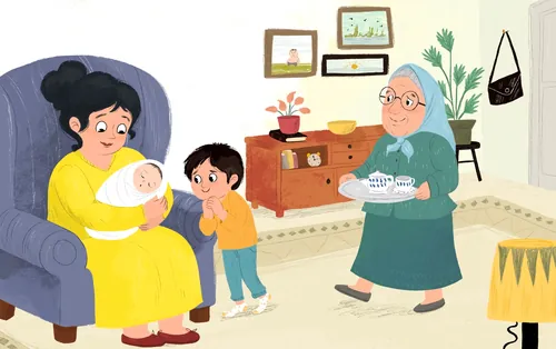Family scene with mother holding baby, young boy, and grandmother with tea tray by Dalia Awad