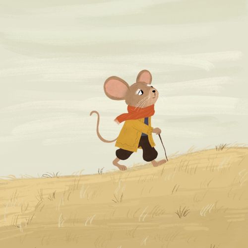 Mouse wearing jacket and scarf hiking up hill with walking stick by Dalia Awad