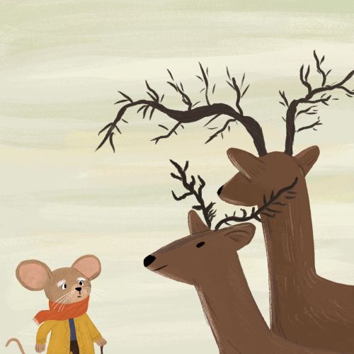 Mouse in winter clothing facing two deer near a bare tree by Dalia Awad